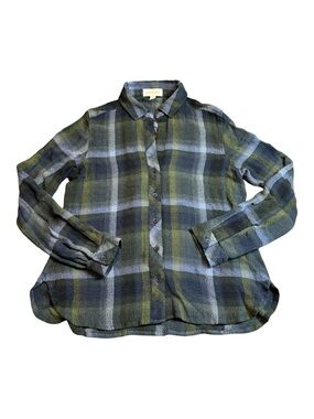 Cloth & Stone Plaid Button Down Shirt Women's Small Blue Green Gray EUC